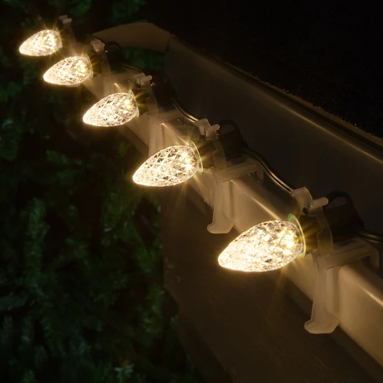25 Light LED C7 Light Set Warm White Bulbs on Green Wire, Approx. 16'6
