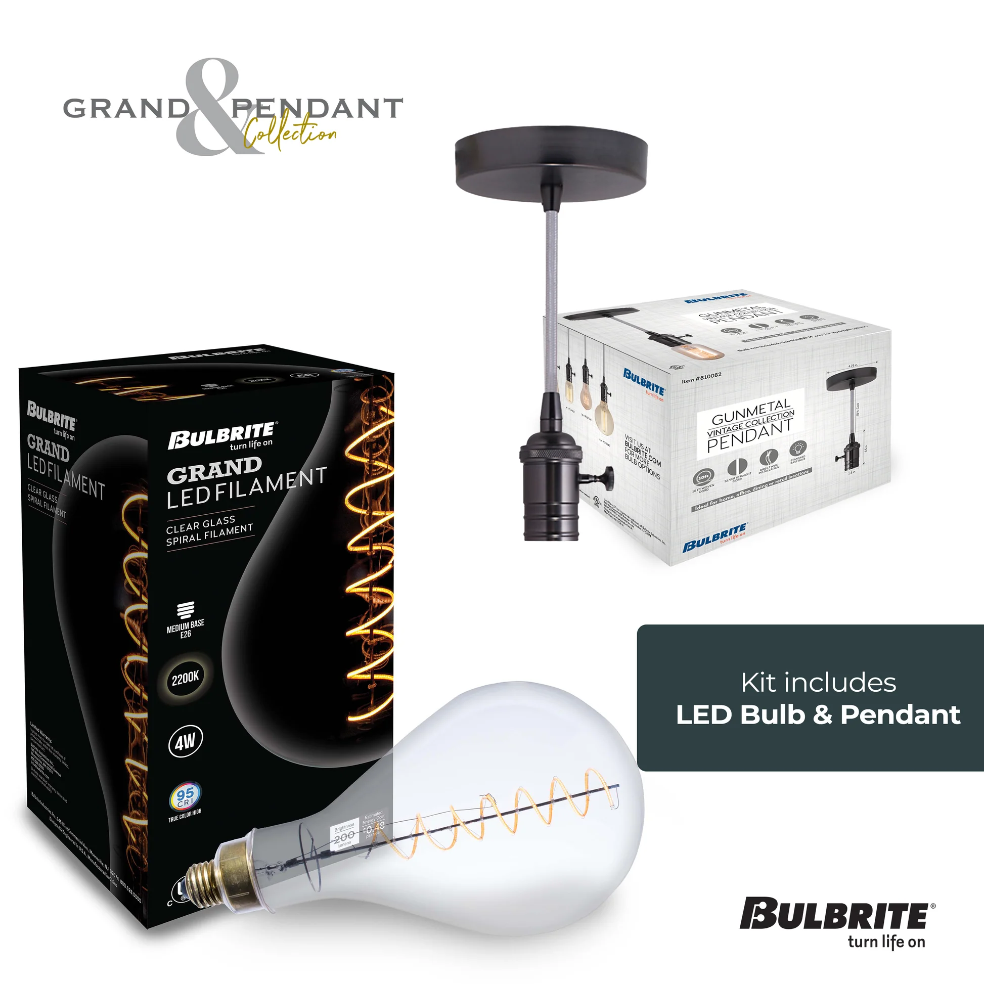 Bulbrite LED Grand Bulb and Pendant Kit of (1) 4 Watt Clear Glass 13
