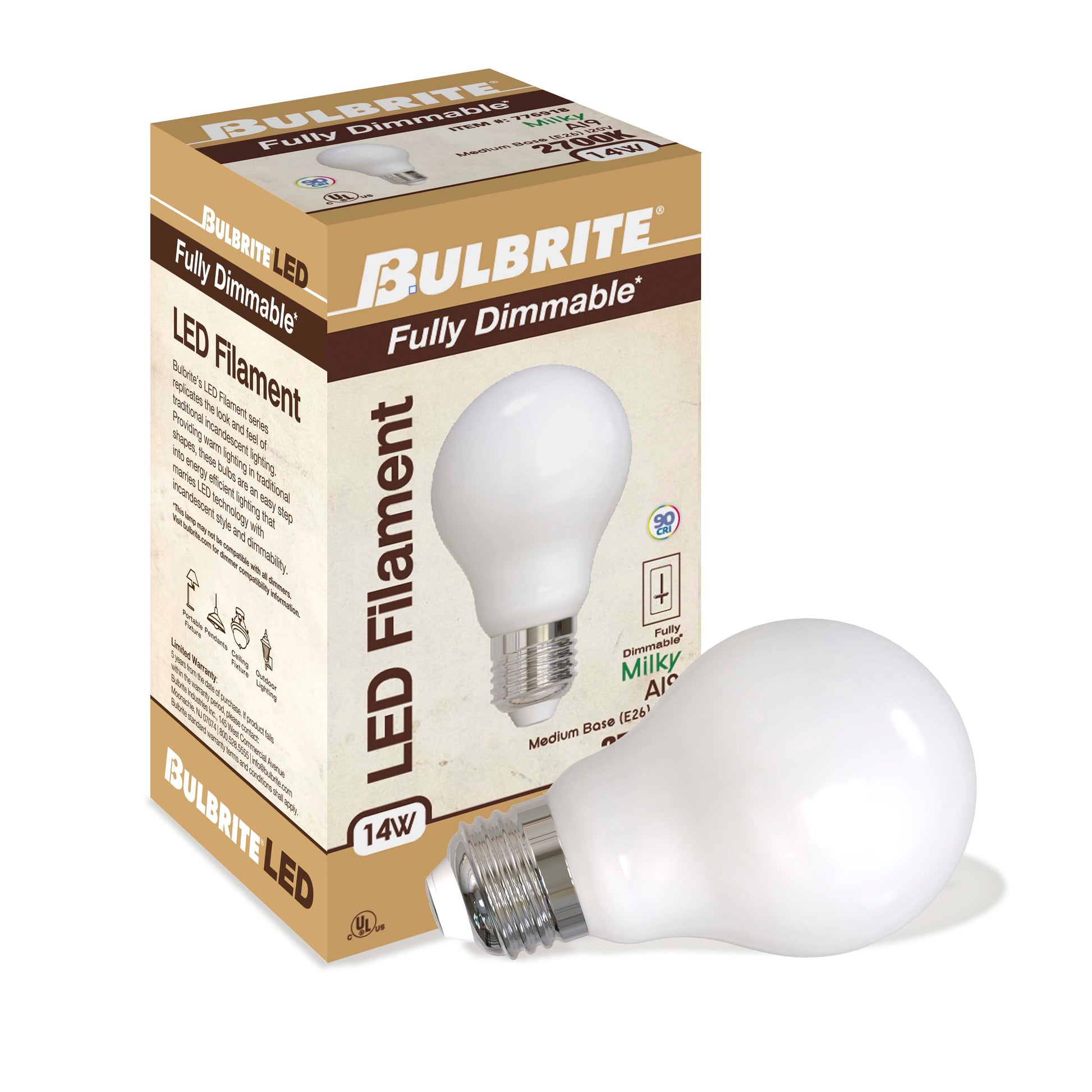 BULBRITE 14W LED A19 2700K FILAMENT MILKY E26 FULLY COMPATIBLE DIMMING-4PK - Cheap-Us