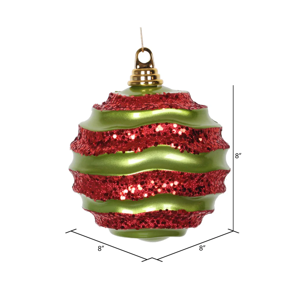 Vickerman 8' Lime and Red Stripe Candy Finish Wave Ball Christmas Ornament with Glitter Accents - Cheap-Us