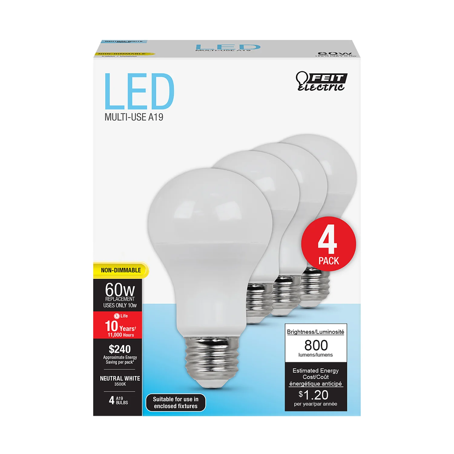 800 Lumen 3500K Neutral White LED (4-Pack) - Cheap-Us