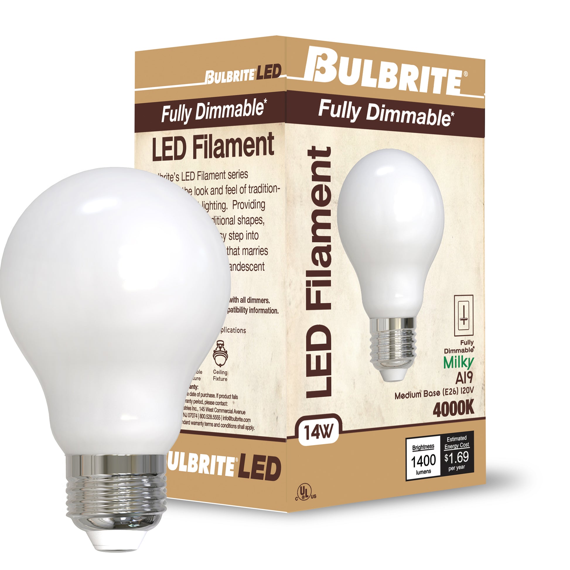 Bulbrite 14W LED LIGHT BULB A19 4000K FILAMENT MILKY FINISH, E26 MEDIUM SCREW BASE, DIMMABLE, 4PK - Cheap-Us