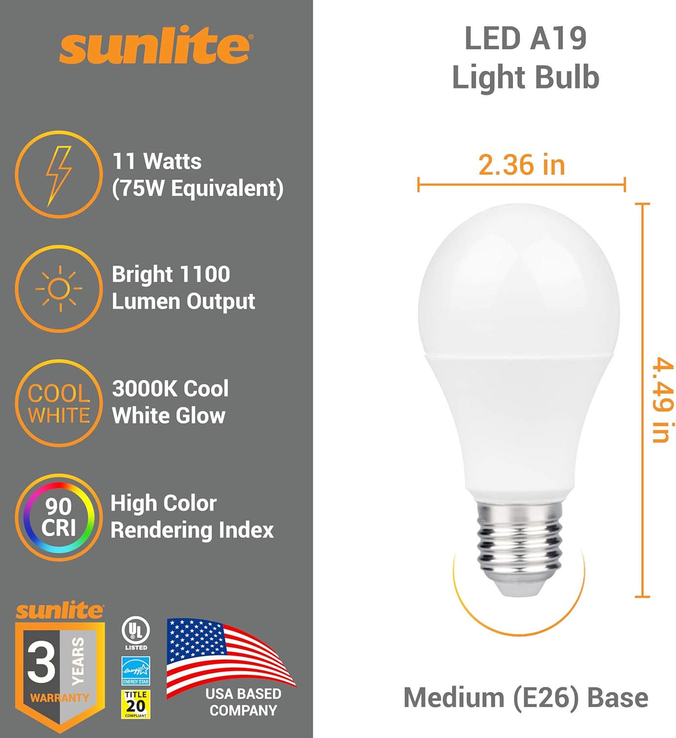 Sunlite LED A19 Light Bulb, 11 Watts (75W Equivalent), 1100 Lmns, 120V, Dimmable, Medium E26 Base, 90 CRI, 230 Degree Beam Angle, UL Listed, Title-20 Compliant, 4000K Cool White, 6 Pack - Cheap-Us