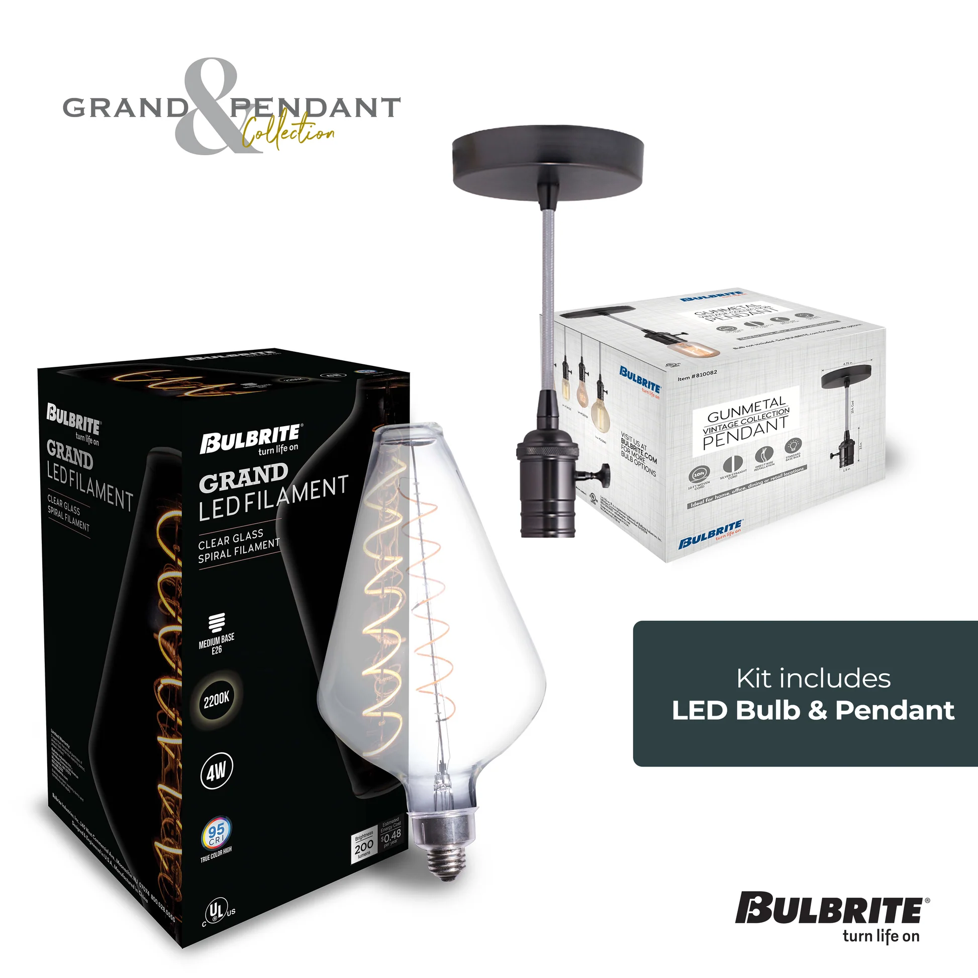 Bulbrite LED Grand Bulb and Pendant Kit of (1) 4 Watt Clear Glass 15
