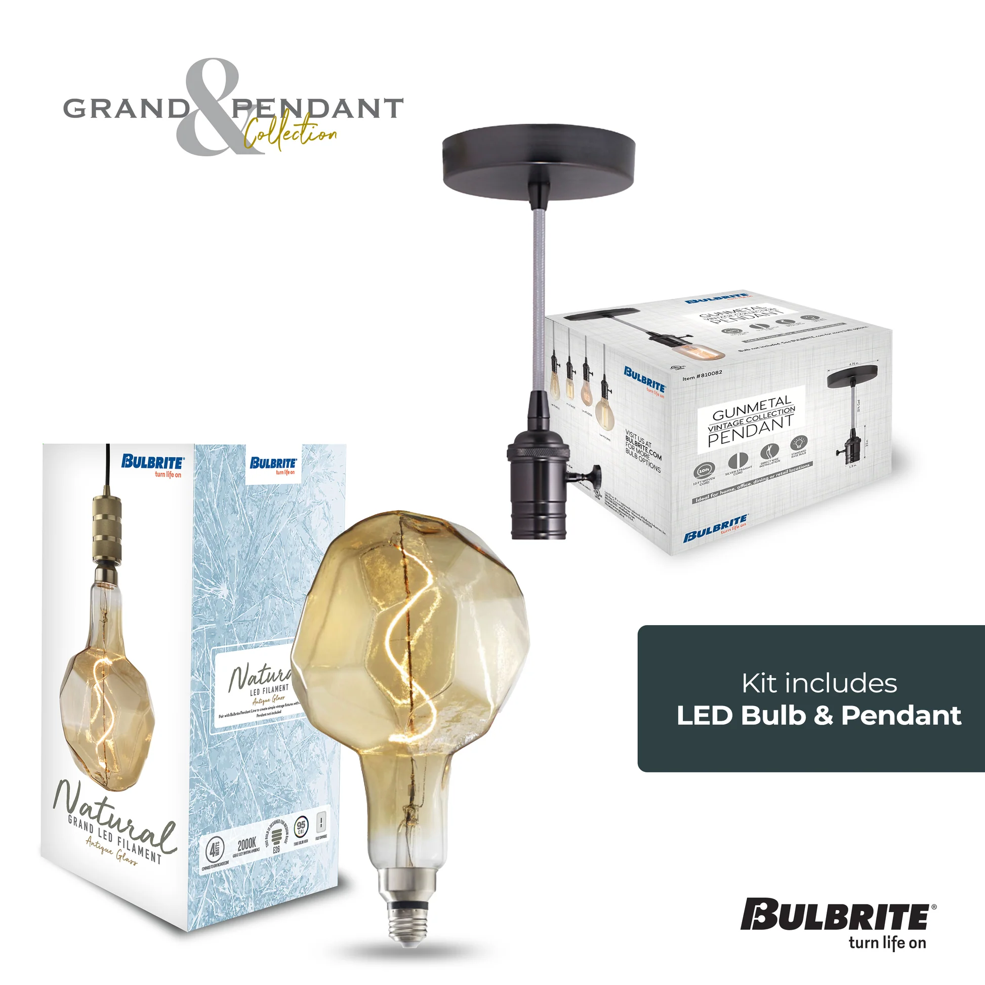 Bulbrite LED Grand Bulb and Pendant Kit of (1) 4 Watt Antique Glass 12