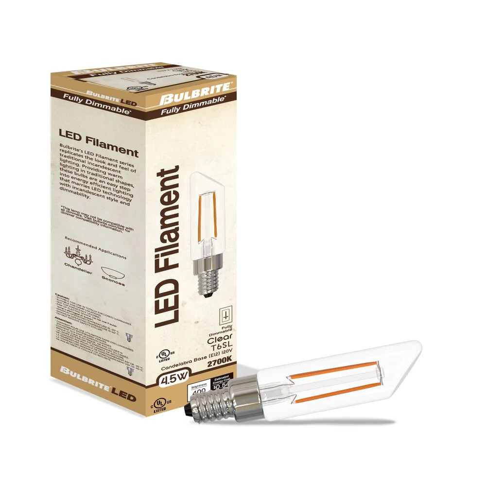 Bulbrite LED Filament Pack of (4) 4.5 Watt Dimmable T6SL Light Bulbs with a Clear Finish and Candelabra (E12) Base - 2700K (Warm White Light), 400 Lumens - Cheap-Us