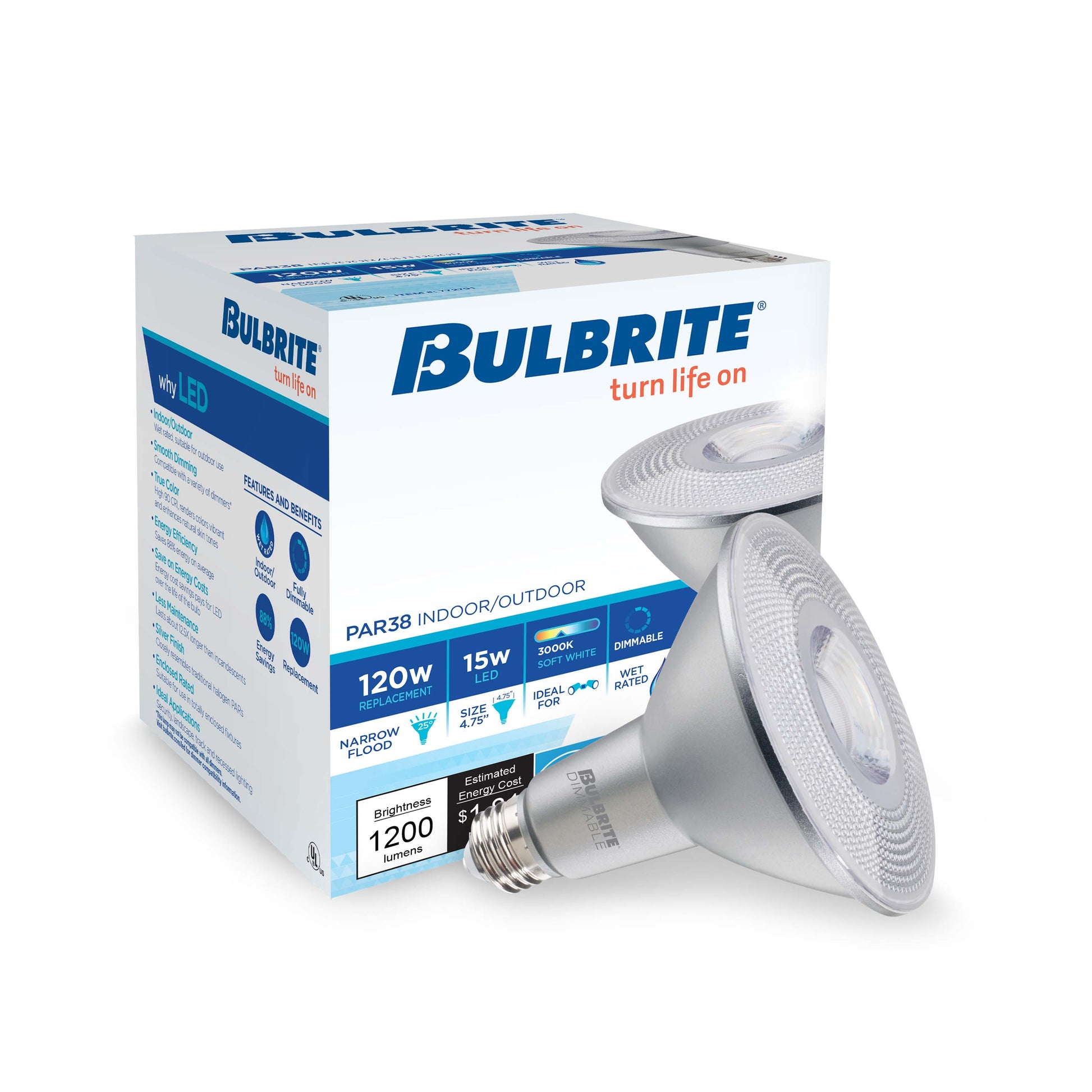 Bulbrite Pack of (2) 15 Watt Dimmable Narrow Flood PAR38 Medium (E26) LED Bulb - 1200 Lumens, 3000K, and 80 CRI - Cheap-Us