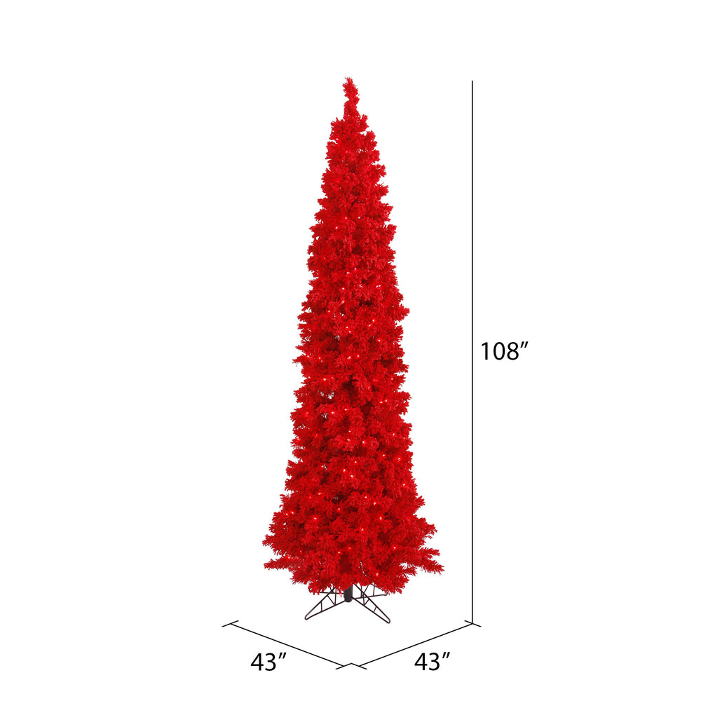 Vickerman 9' Flocked Red Pencil Fir Artificial Christmas Tree Red Dura-lit LED Lights - Cheap-Us