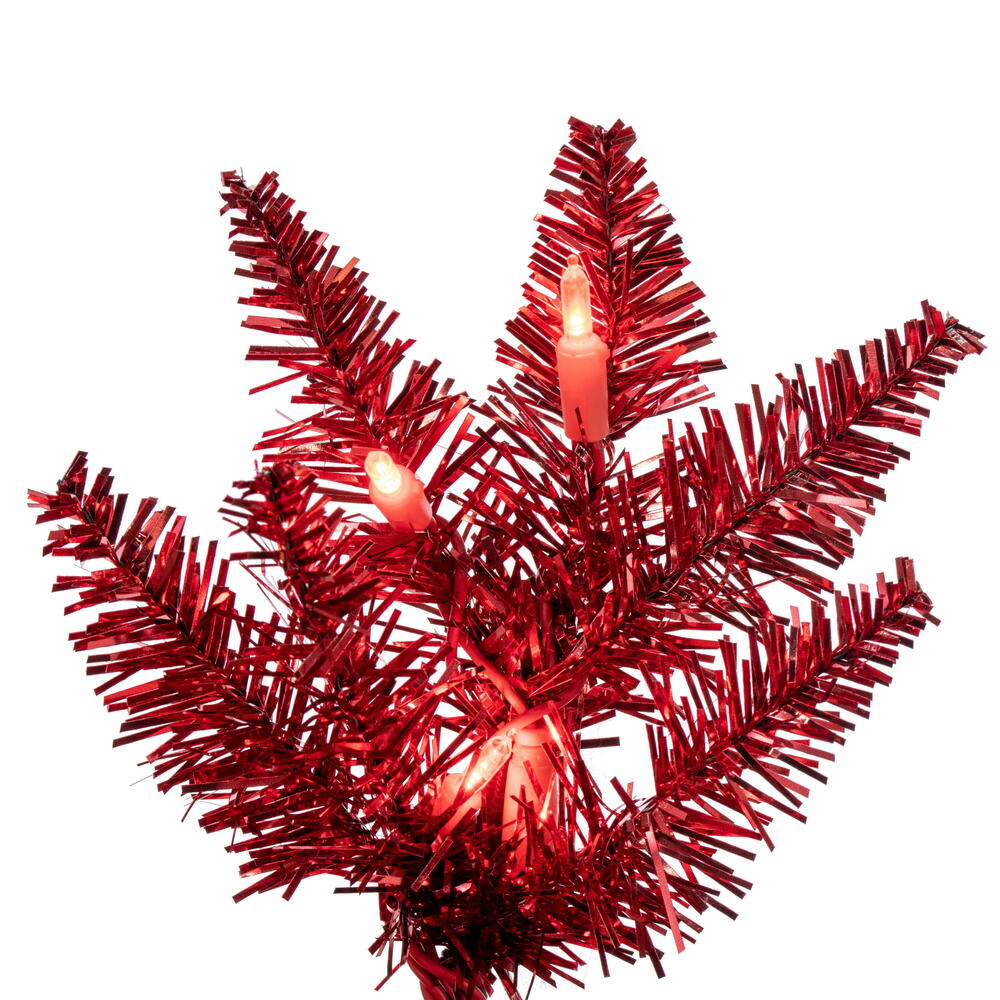 Vickerman 6.5' x 28 Red Tinsel Pencil Artificial Pre-Lit Christmas Tree with 400 Dura-Lit® Red LED Mini Lights. It measures 78 inches tall, and 28 inches wide, which is considered a pencil profile. This tree boasts 712 tips for a realistic look. Pre- - Cheap-Us