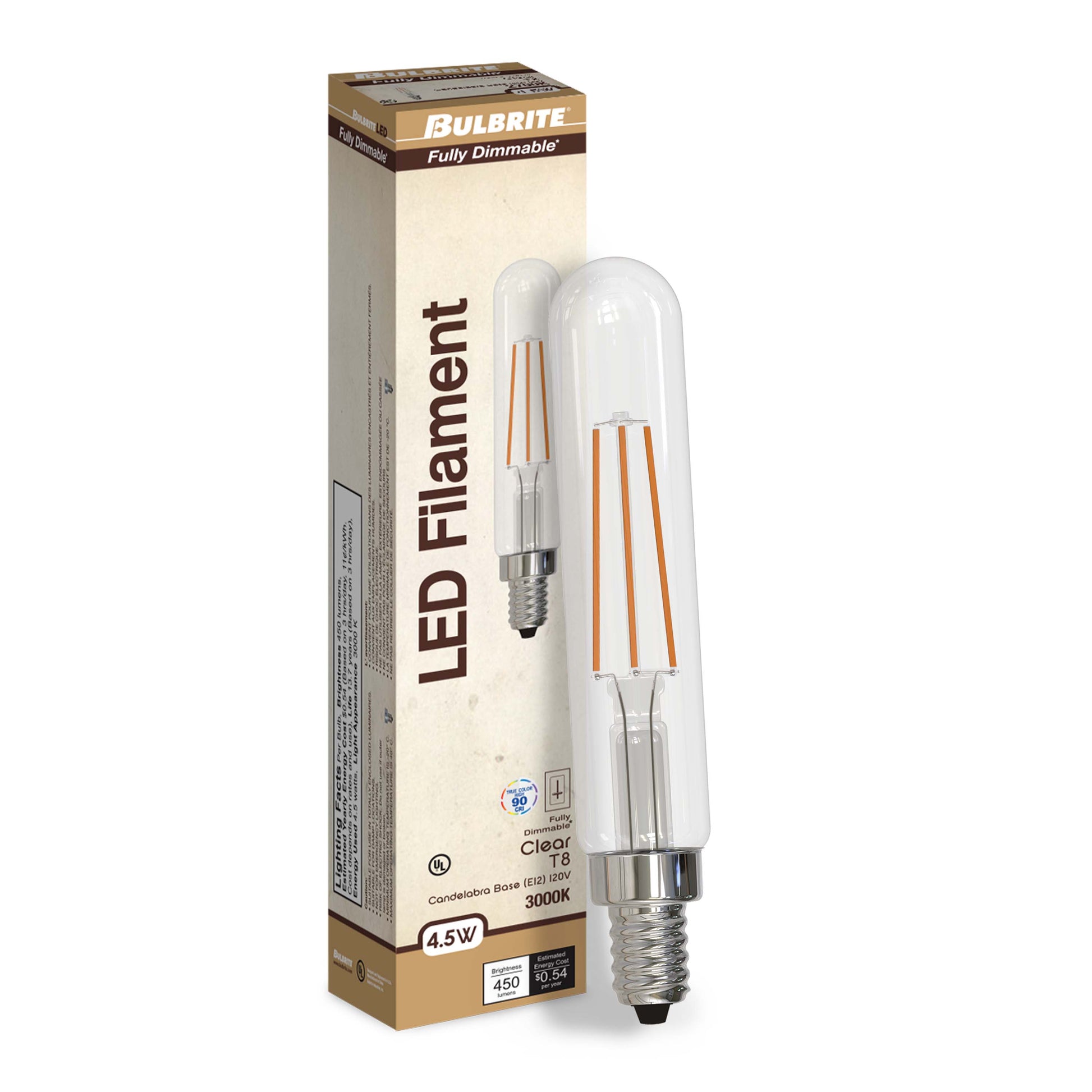 Bulbrite LED Filament Pack of (4) 4.5 Watt Dimmable T8 Light Bulb with Clear Glass Finish and Candelabra (E12) Base - 3000K (Soft White Light), 450 Lumens - Cheap-Us