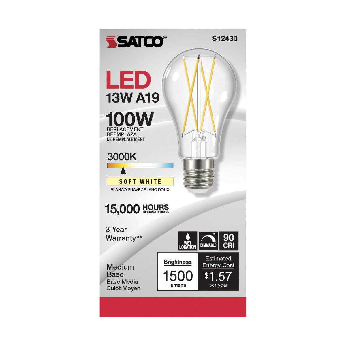 S12430 12.5A19/CL/LED/E26/930/120V 12.5 Watt LED A19; Clear; Medium Base; 3000K; 90 CRI; 120 Volt - Cheap-Us