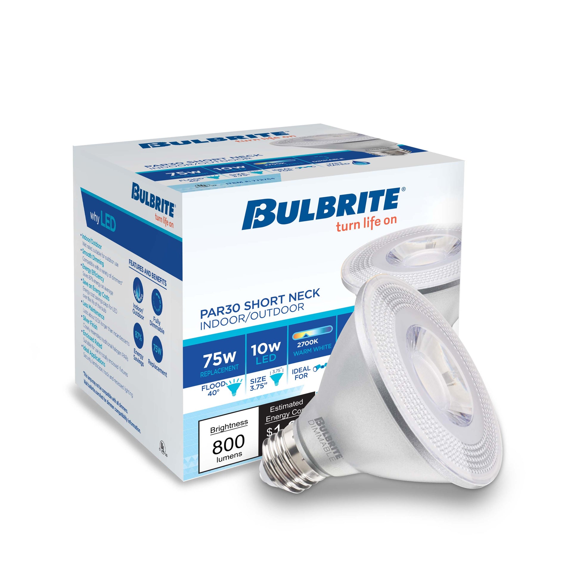 Bulbrite Pack of (6) 10 Watt Dimmable Flood PAR30SN Medium (E26) LED Bulb - 800 Lumens, 2700K, and 80 CRI - Cheap-Us