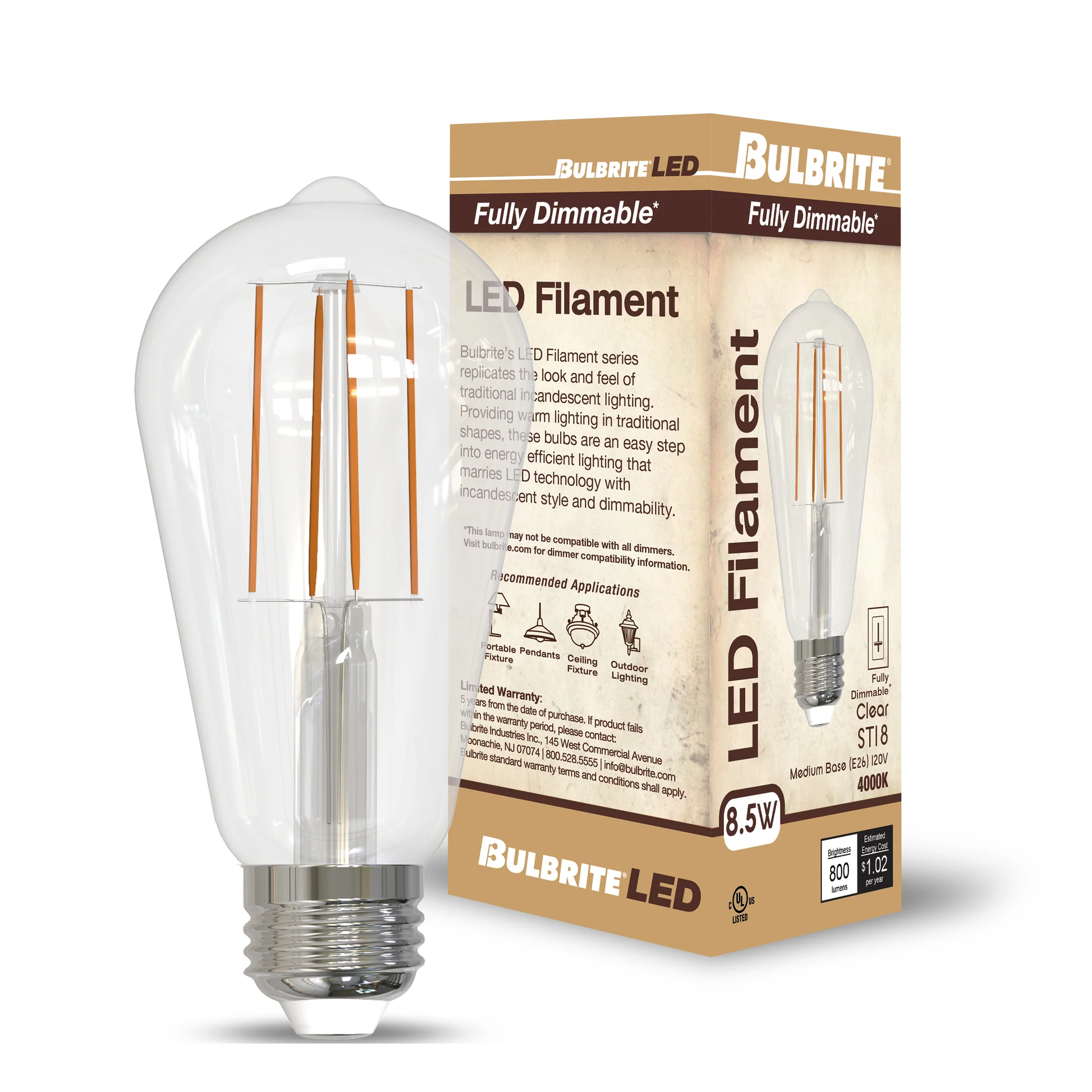 Bulbrite 8.5W LED LIGHT BULB ST18 4000K FILAMENT, E26 MEDIUM SCREW BASE, DIMMABLE, JA8 4PK - Cheap-Us