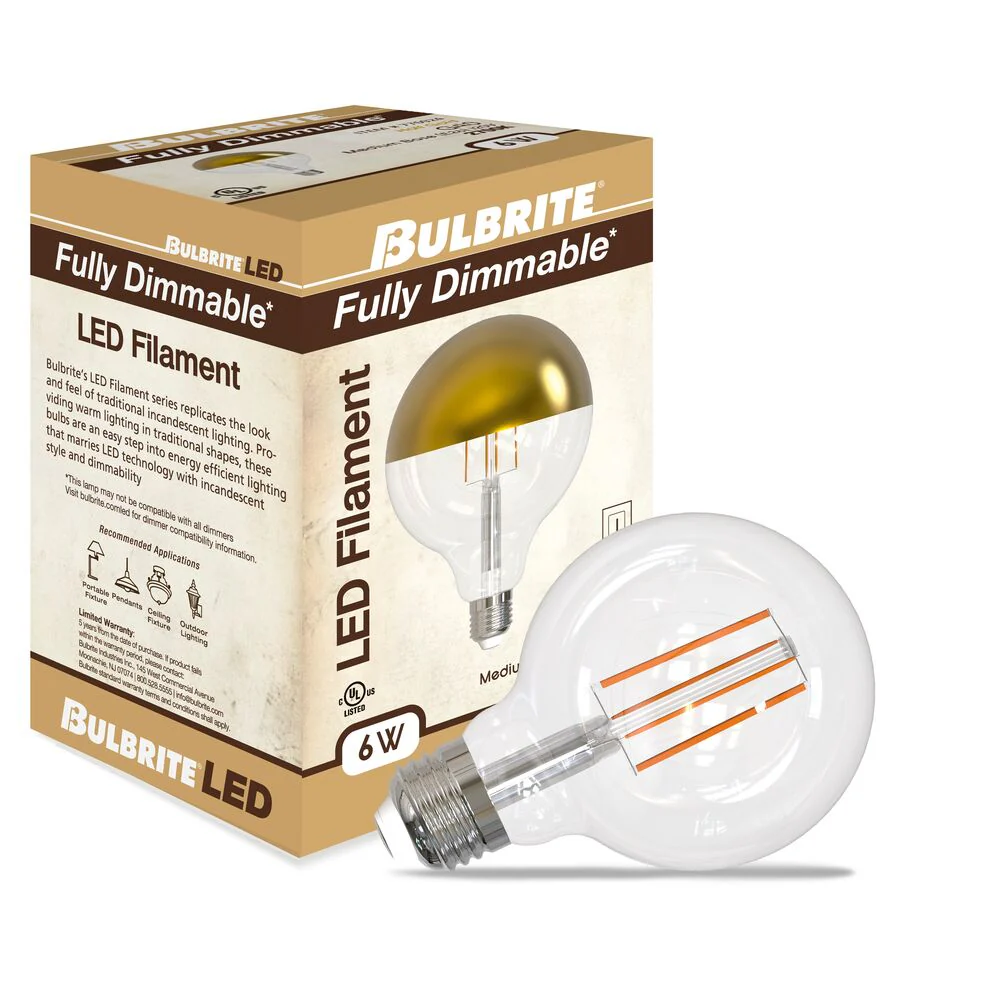 Bulbrite LED Filament Pack of (4) 6 Watt Dimmable G40 Light Bulbs with a Half Gold Finish and Medium (E26) Base - 2700K (Warm White Light), 500 Lumens - Cheap-Us