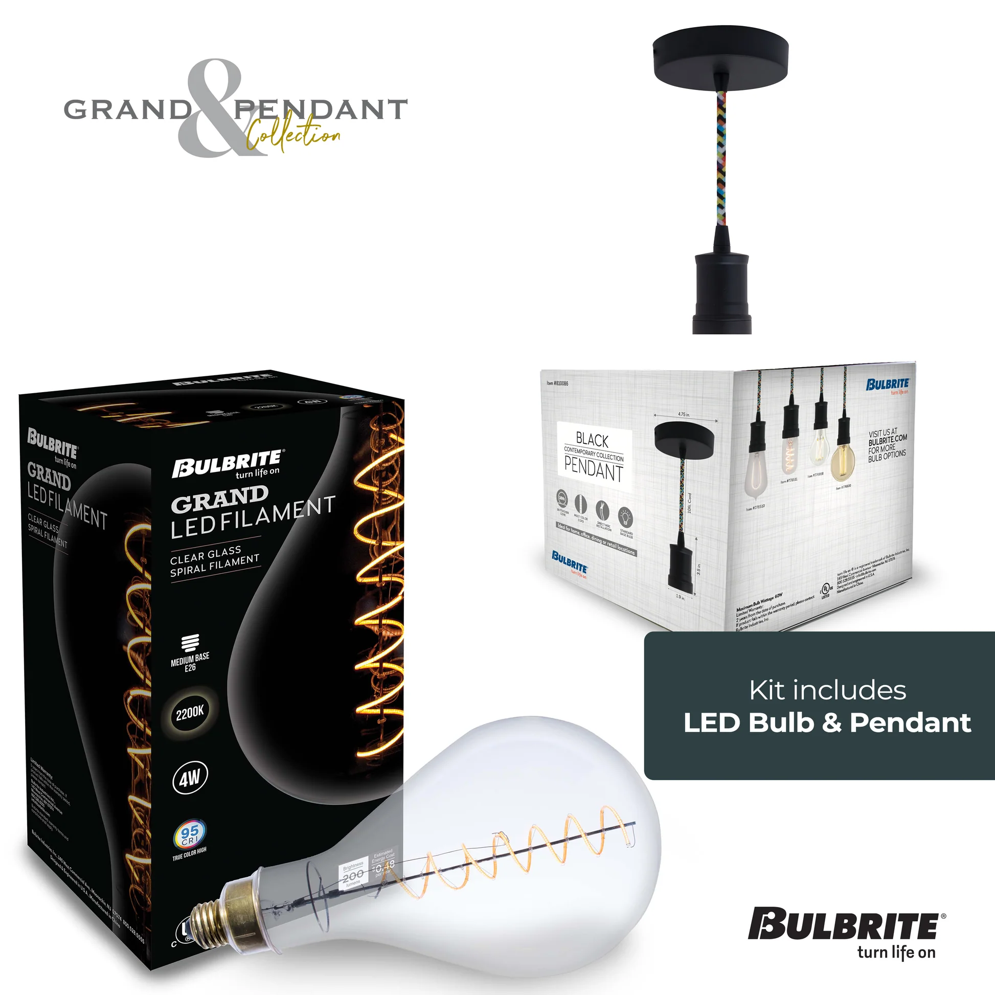 Bulbrite LED Grand Bulb and Pendant Kit of (1) 4 Watt Clear Glass 13