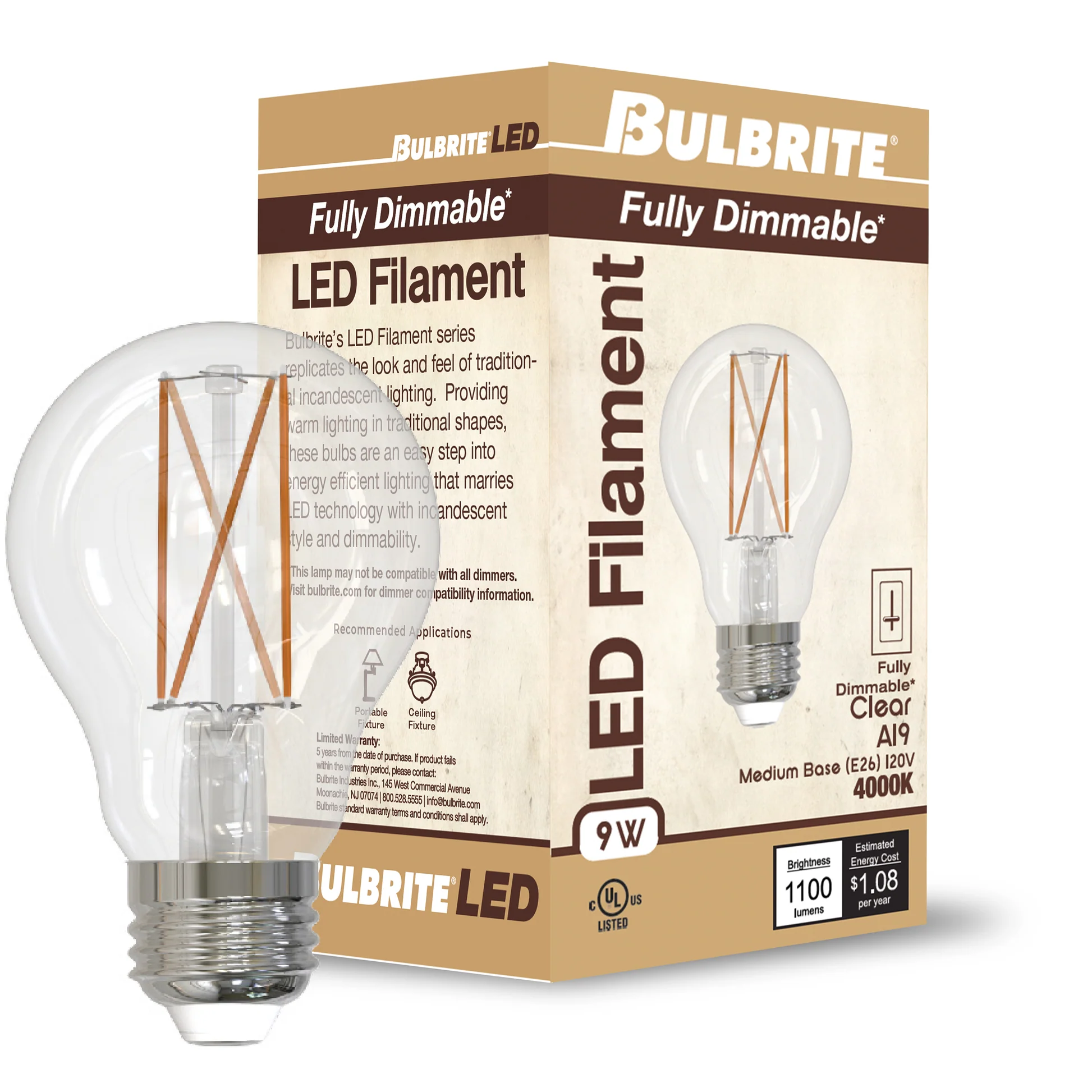 Bulbrite 9W LED A19 LIGHT BULB 4000K COOL WHITE FILAMENT, E26 MEDIUM SCREW BASE, DIMMABLE, 4PK - Cheap-Us