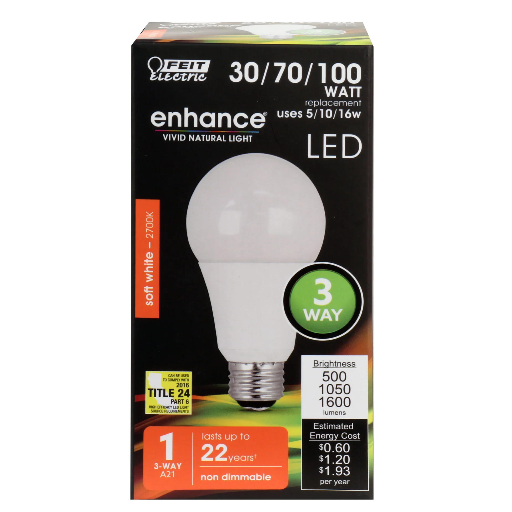 500 / 1050 / 1600 Lumen 2700K 3-Way Non-Dimmable LED - Cheap-Us