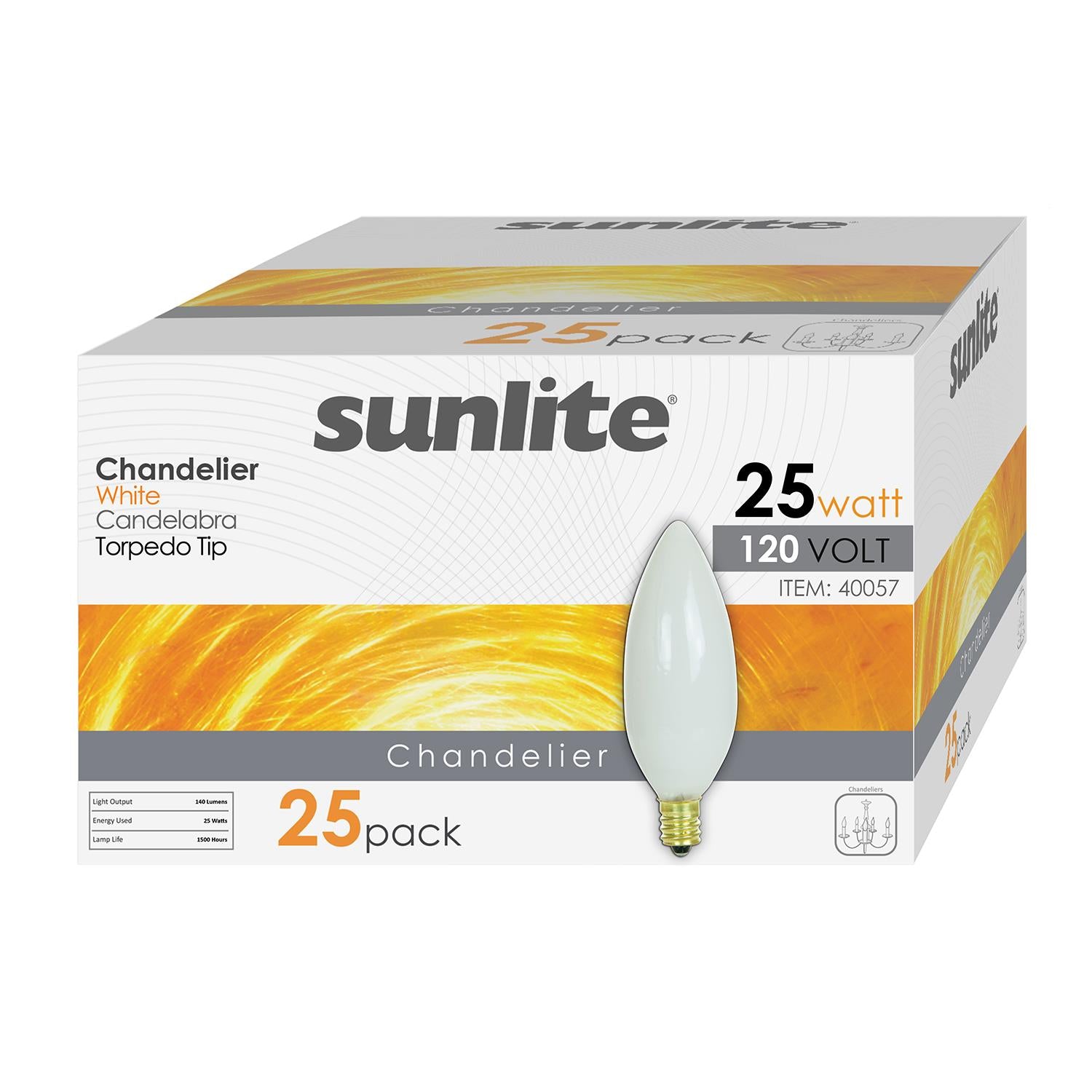 Sunlite 25 Watt Torpedo Tip Chandelier, Candelabra Base, White - Cheap-Us