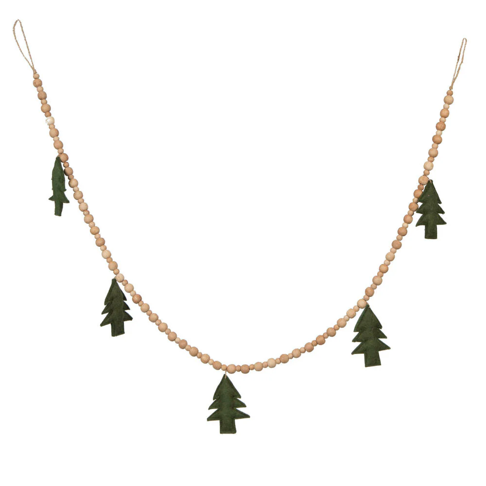 Vickerman 5' Green Felt Tree and Natural Wood Bead Garland. - Cheap-Us