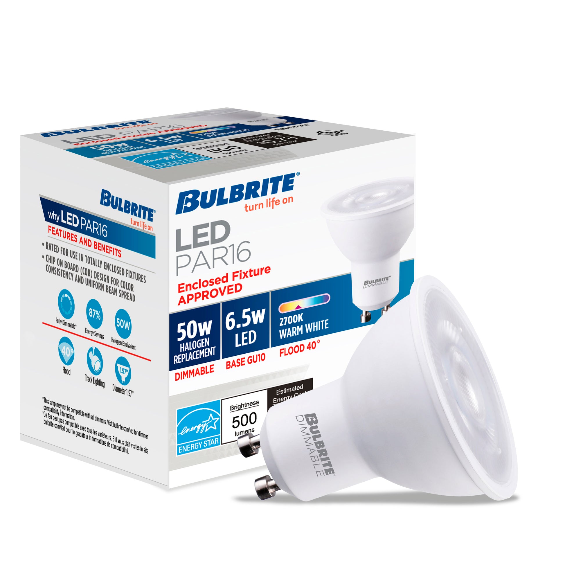 BULBRITE 6.5W LED PAR16 GU10 2700K FLOOD DIMMABLE 80CRI 120V-4PK - Cheap-Us