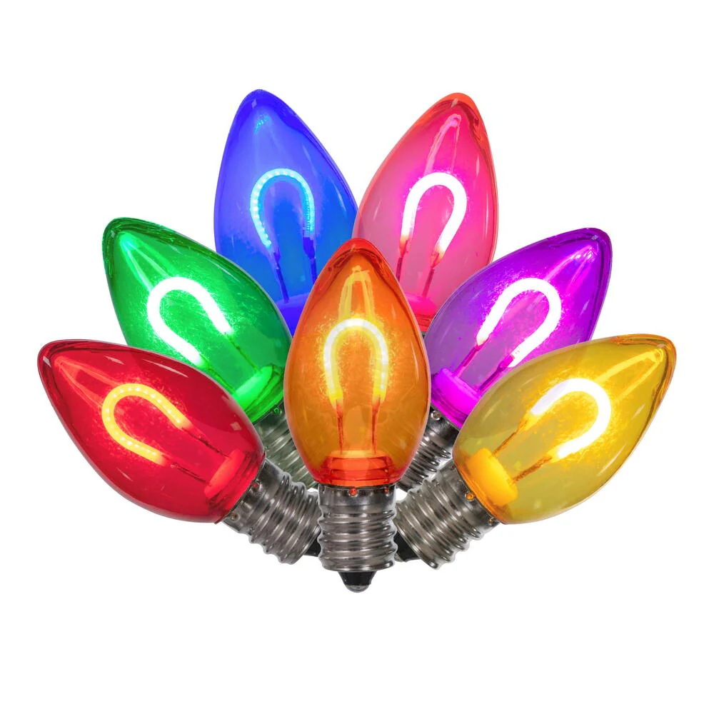 Vickerman C7 Transparent U-Shaped Filament Multi Bulb, E12 Base, .6 Watts, 25 Pcs Assorted/Bag.  Colors included are Blue, Red, Green, Purple and Amber. - Cheap-Us