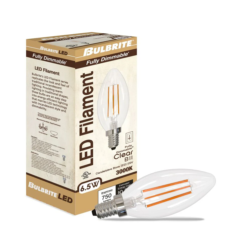 Bulbrite LED Filament Pack of (4) 6.5 Watt Dimmable B11 Light Bulbs with a Clear Finish and Candelabra (E12) Base - 3000K (Soft White Light), 750 Lumens - Cheap-Us