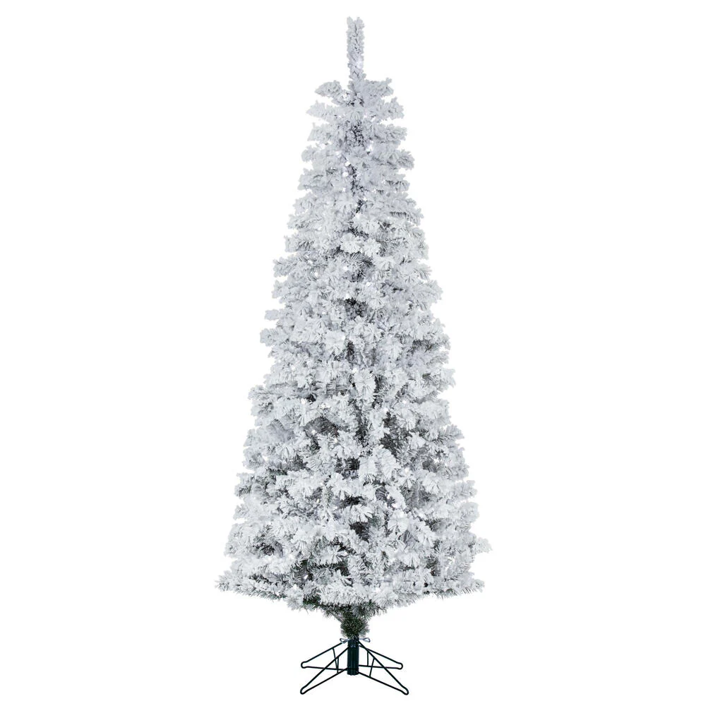 Vickerman 7.5' Flocked Pacific Pencil Artificial Christmas Tree with Pure White LED Lights - Cheap-Us