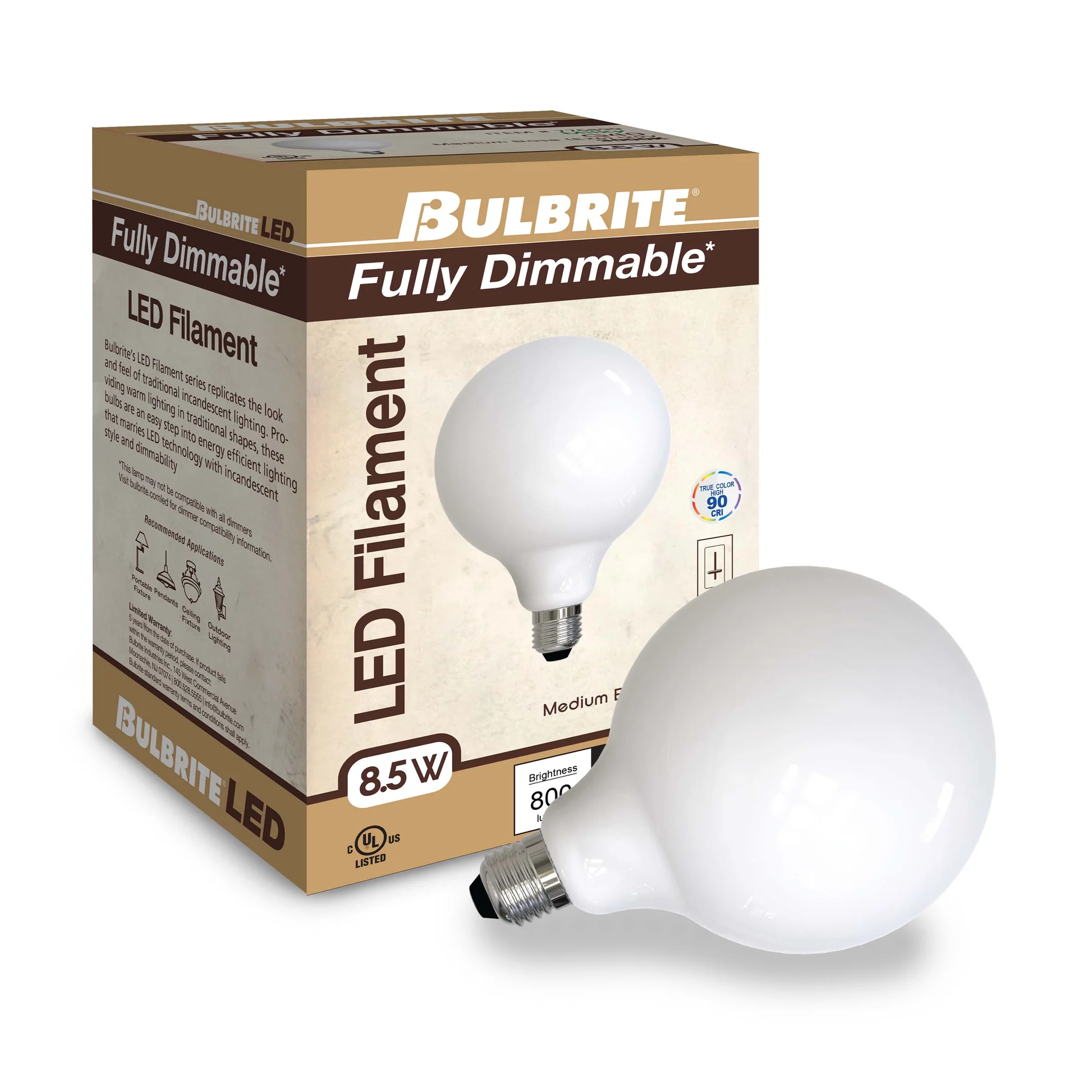 Bulbrite Pack of (2) 8.5 Watt Dimmable Milky Filament G40 Medium (E26) LED Bulb - 800 Lumens, 3000K, and 90 CRI - Cheap-Us