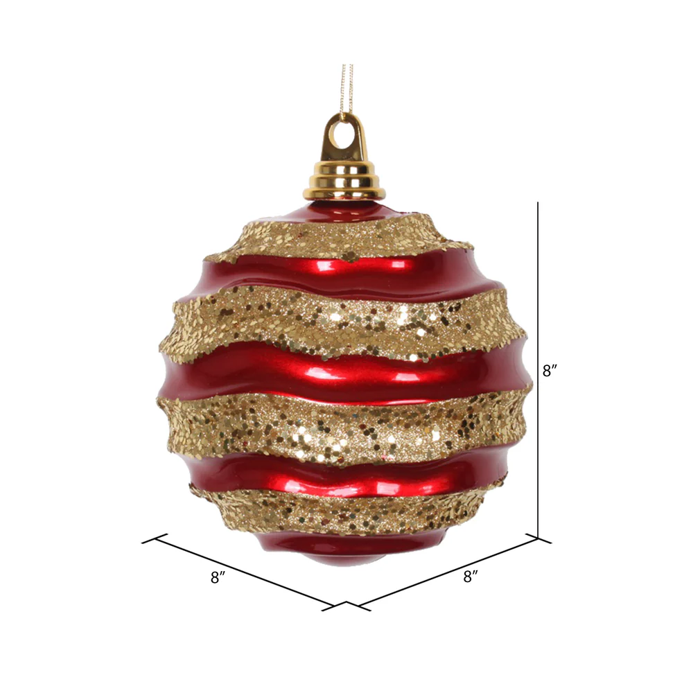 Vickerman 8' Red and Gold Stripe Candy Finish Wave Ball Christmas Ornament with Glitter Accents - Cheap-Us