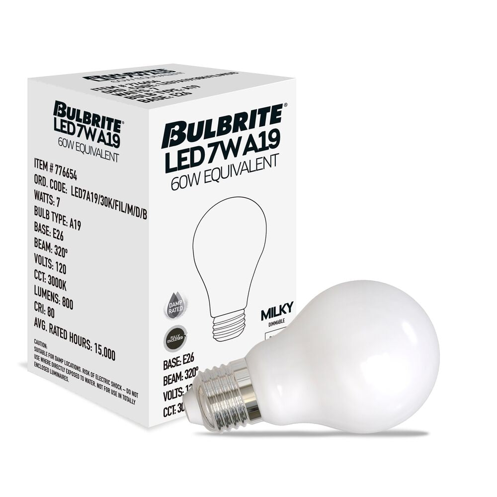 Bulbrite LED Filament Pack of (4) 7 Watt Dimmable A19 Light Bulbs with Milky Finish and Medium (E26) Base - 3000K (Soft White Light), 800 Lumens - Cheap-Us