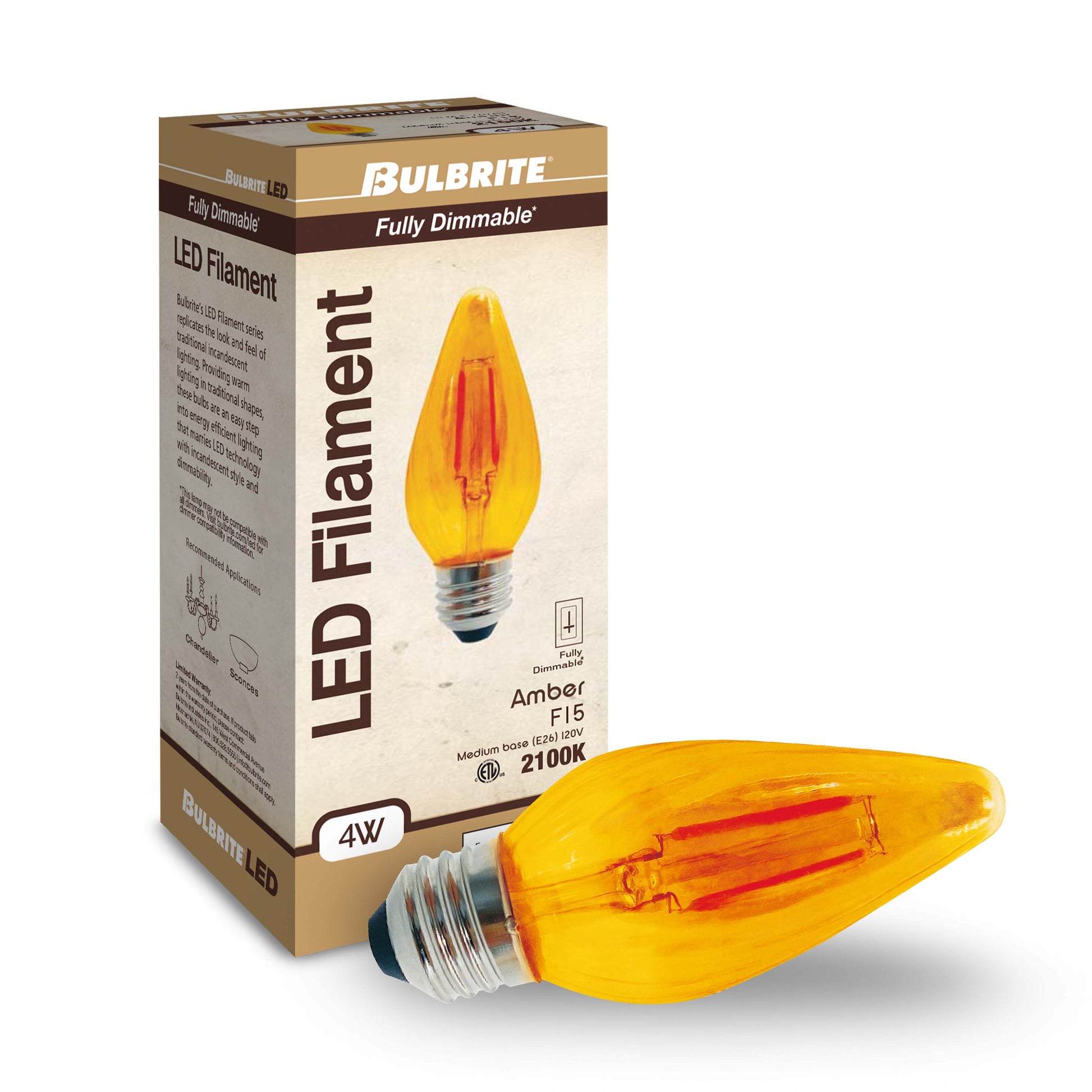 Bulbrite Fiesta Pack of (4) 4 Watt Dimmable F15 LED Filament Light Bulb with Amber Glass Finish and Medium (E26) Base - 2100K (Amber Light), 280 Lumens - Cheap-Us