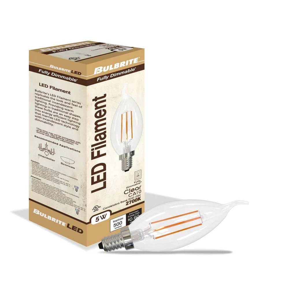 Bulbrite LED Filament Pack of (4) 5 Watt Dimmable CA10 Light Bulbs with Clear Glass Finish and Candelabra (E12) Base - 2700K (Warm White Light), 500 Lumens - Cheap-Us
