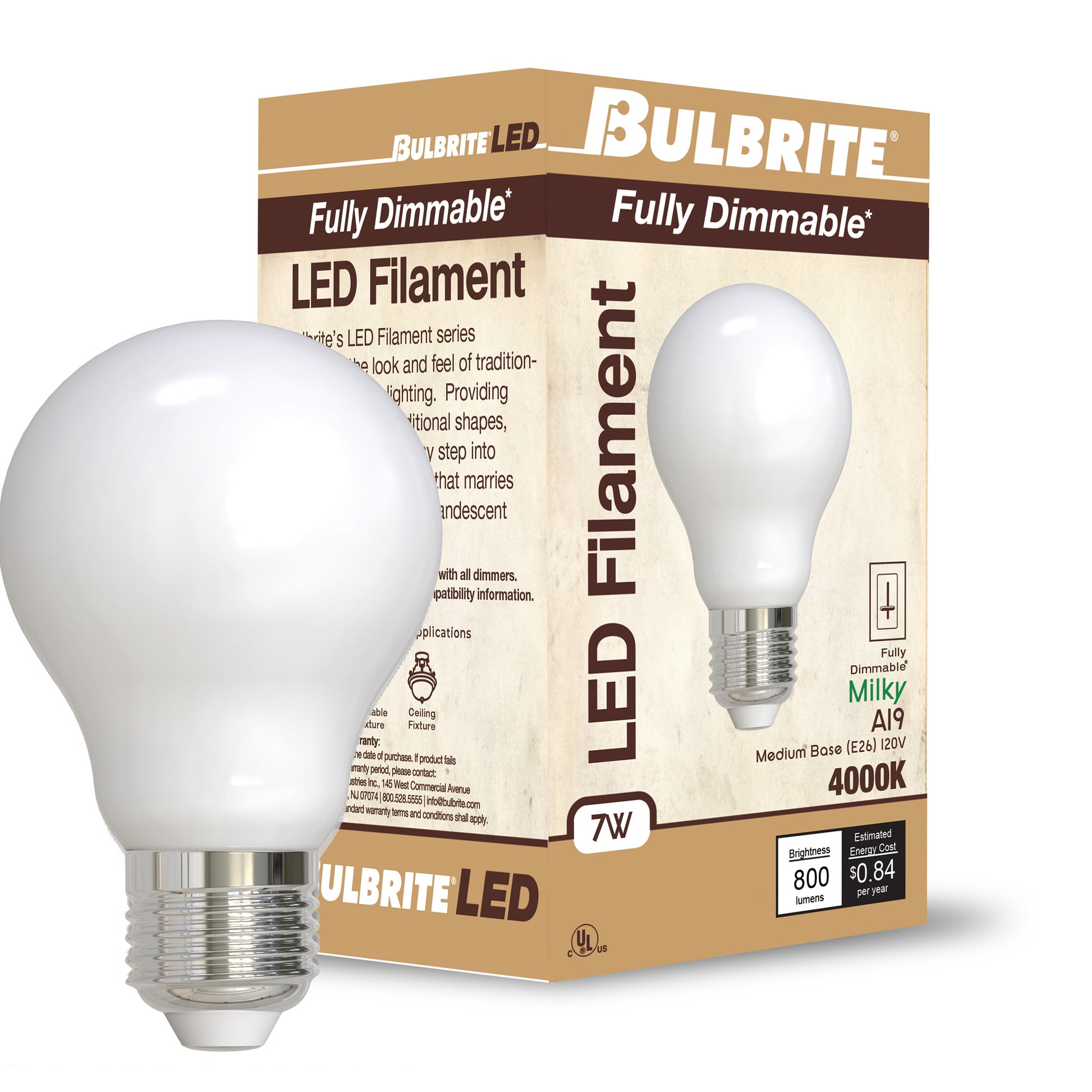Bulbrite 7W LED LIGHT BULB A19 4000K FILAMENT MILKY FINISH, E26 MEDIUM SCREW BASE, DIMMABLE, 4PK - Cheap-Us