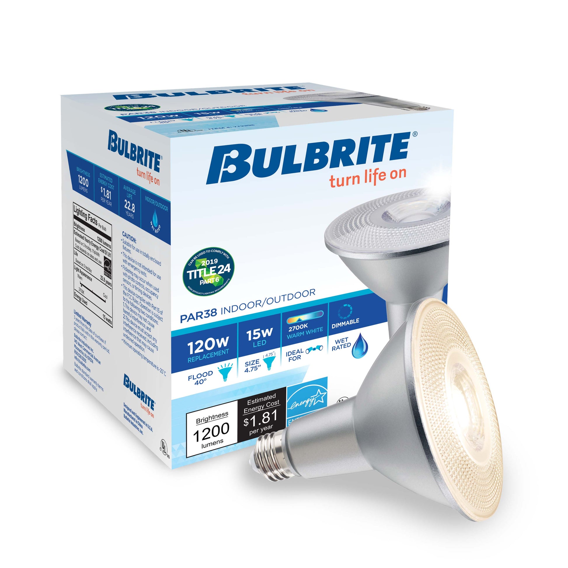 Bulbrite Pack of (2) 15 Watt Dimmable Flood PAR38 Medium (E26) LED Bulb - 1200 Lumens, 2700K, and 90 CRI - Cheap-Us