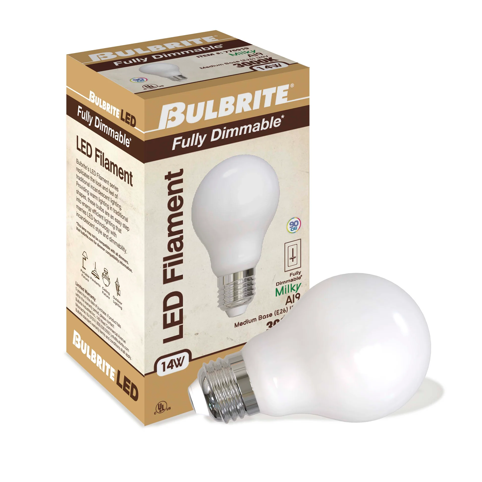 BULBRITE 14W LED A19 3000K FILAMENT MILKY E26 FULLY COMPATIBLE DIMMING-4PK - Cheap-Us
