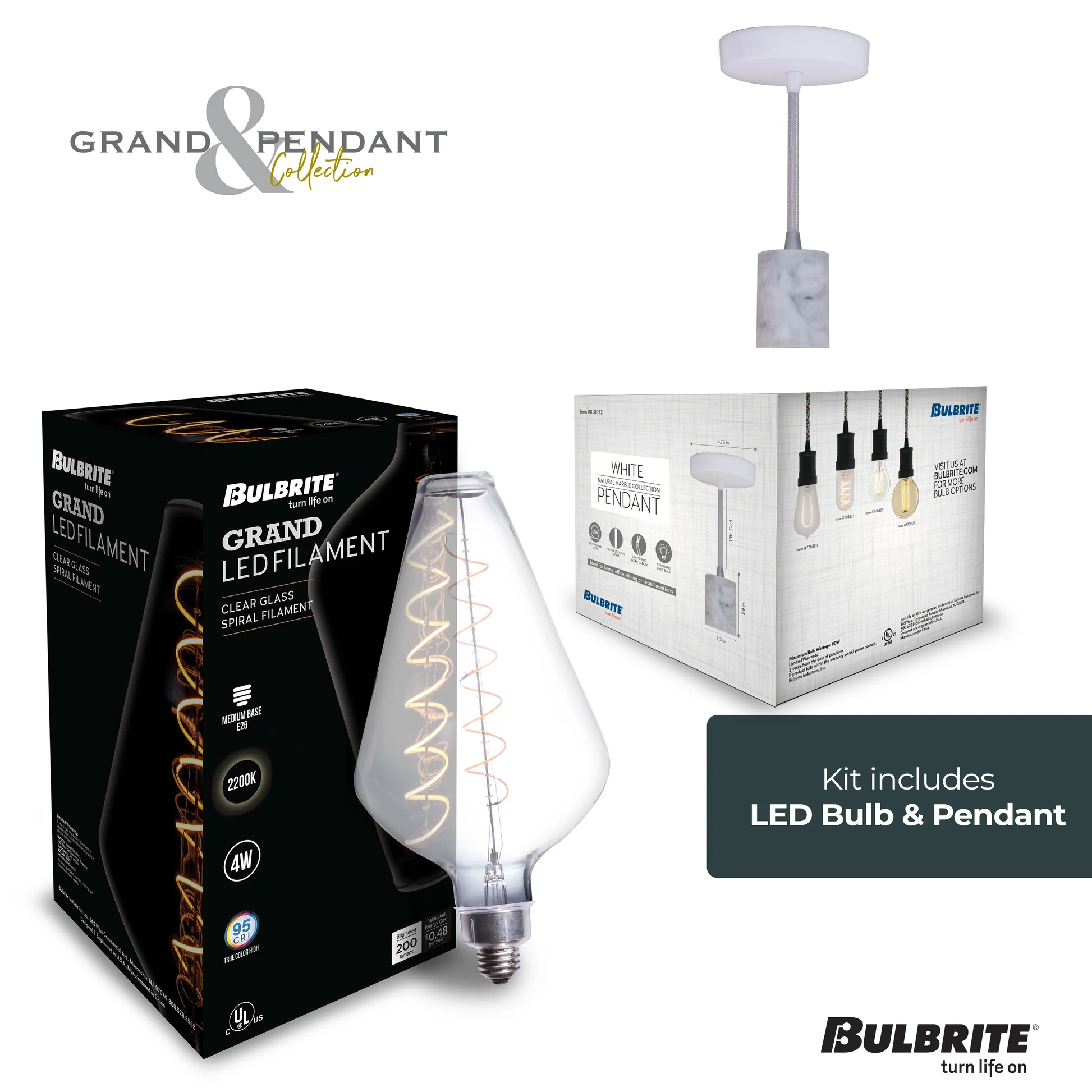 Bulbrite LED Grand Bulb and Pendant Kit of (1) 4 Watt Clear Glass 15