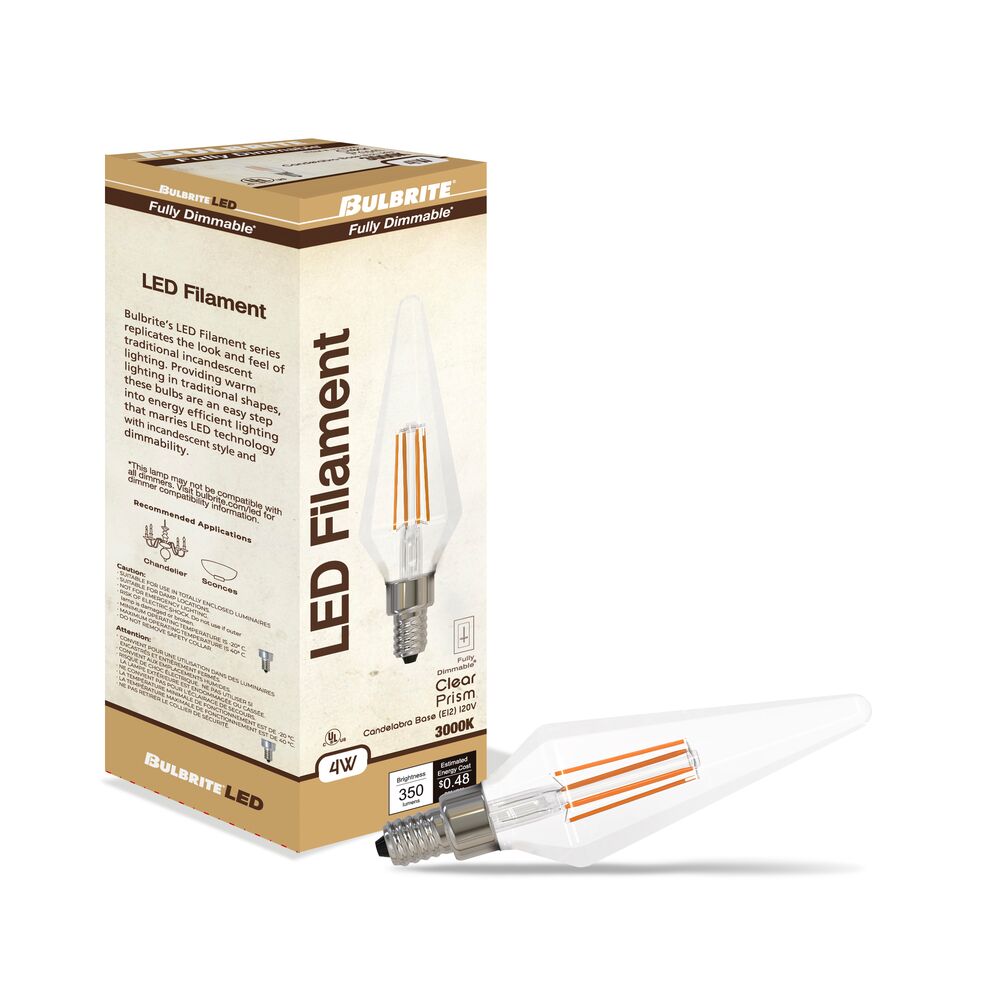 Bulbrite LED Filament Pack of (4) 4 Watt Dimmable Prism Light Bulbs with a Clear Finish and Candelabra (E12) Base - 3000K (Soft White Light), 350 Lumens - Cheap-Us