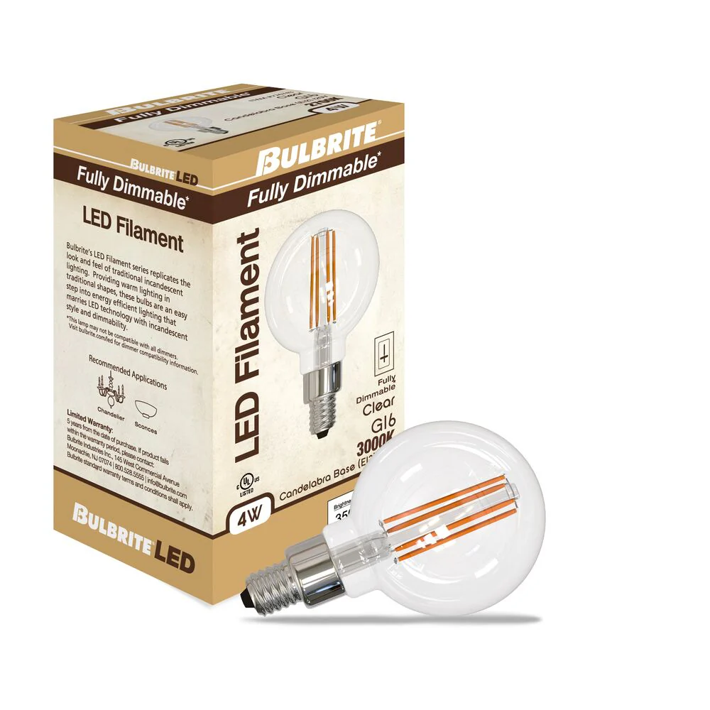 Bulbrite LED Filament Pack of (4) 4 Watt Dimmable G16 Light Bulbs with a Clear Finish and Candelabra (E12) Base - 3000K (Soft White Light), 350 Lumens - Cheap-Us