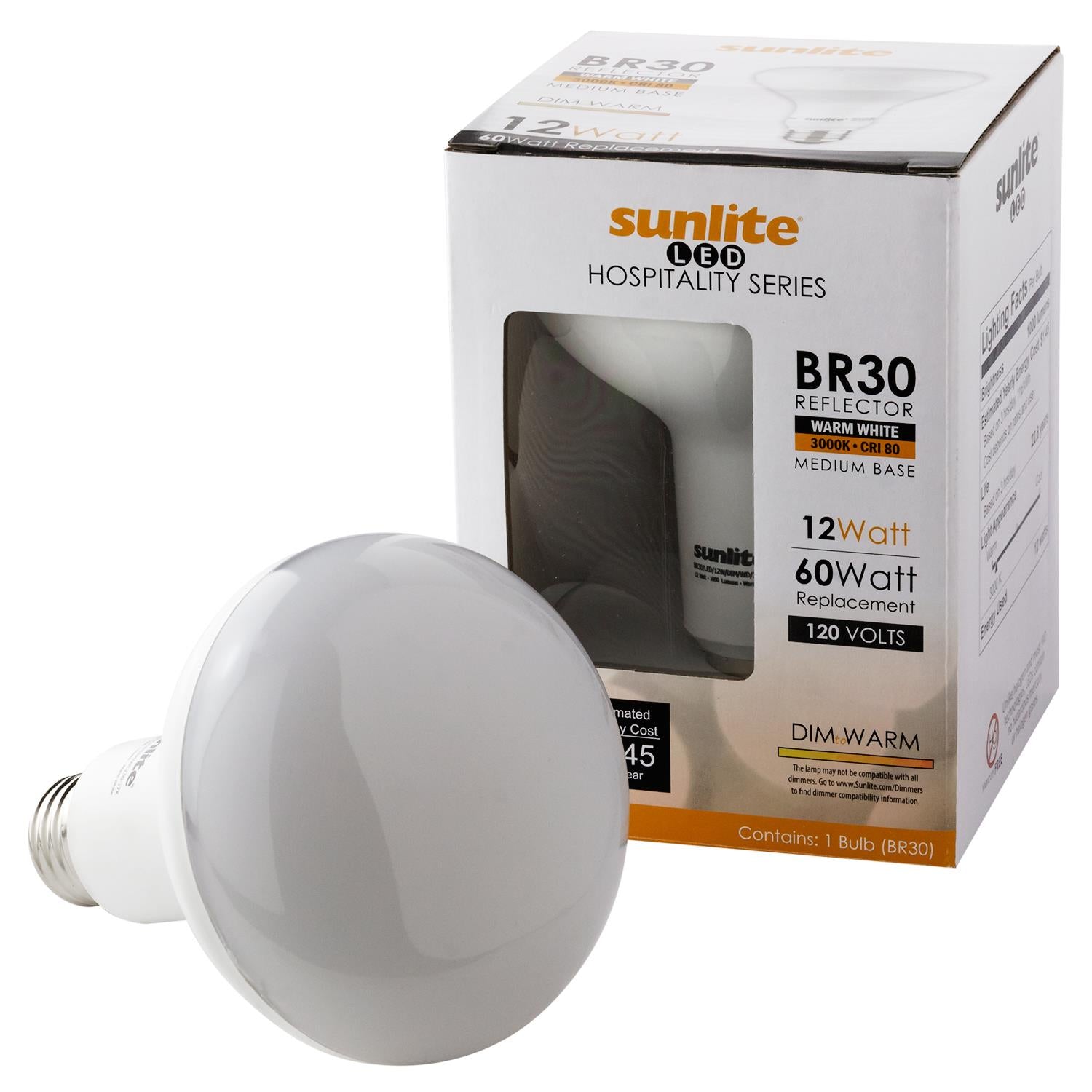 Sunlite LED BR30 Hospitality Series 12W (65W Equivalent) Light Bulb Medium (E26) Base, Warm White - Cheap-Us