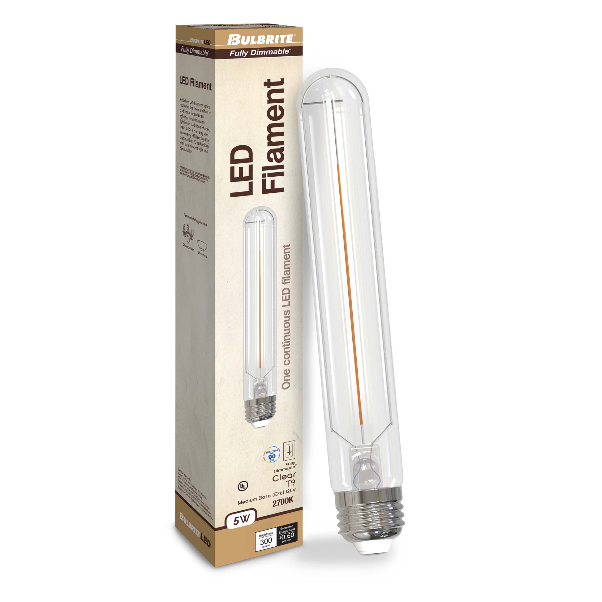 Bulbrite LED Filament Pack of (4) 5 Watt Dimmable 7.5 Inch T9 Light Bulb with Clear Glass Finish and Medium (E26) Base - 2700K (Warm White Light), 300 Lumens - Cheap-Us