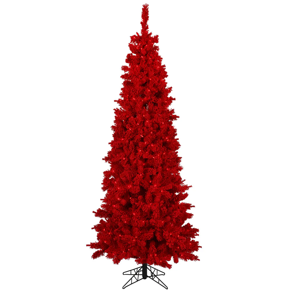 Vickerman 6.5' Flocked Red Slim Fir Artificial Christmas Tree Red Dura-lit LED Lights - Cheap-Us