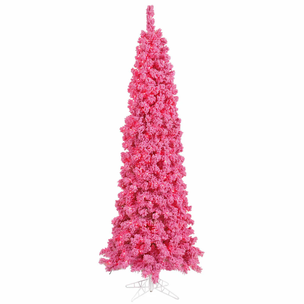 Vickerman 9' Flocked Pink Pencil Fir Artificial Christmas Tree Pink Dura-lit LED Lights - Cheap-Us