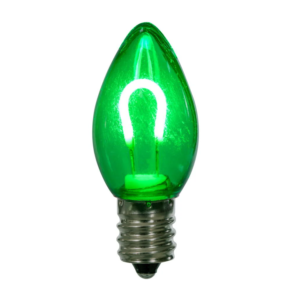 Vickerman C7 Transparent U-Shaped Filament Green Bulb, E12 Base, .6 Watts, 25 Pcs Assorted/Bag.  Colors included are Blue, Red, Green, Purple and Amber. - Cheap-Us