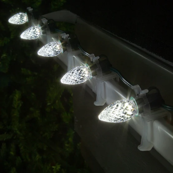 25 Light LED C7 Light Set Pure White Bulbs on Green Wire, Approx. 16'6