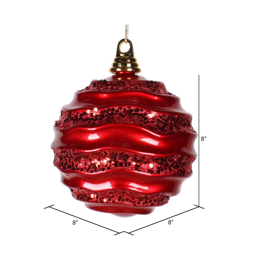 Vickerman 8' Red Stripe Candy Finish Wave Ball Christmas Ornament with Glitter Accents - Cheap-Us
