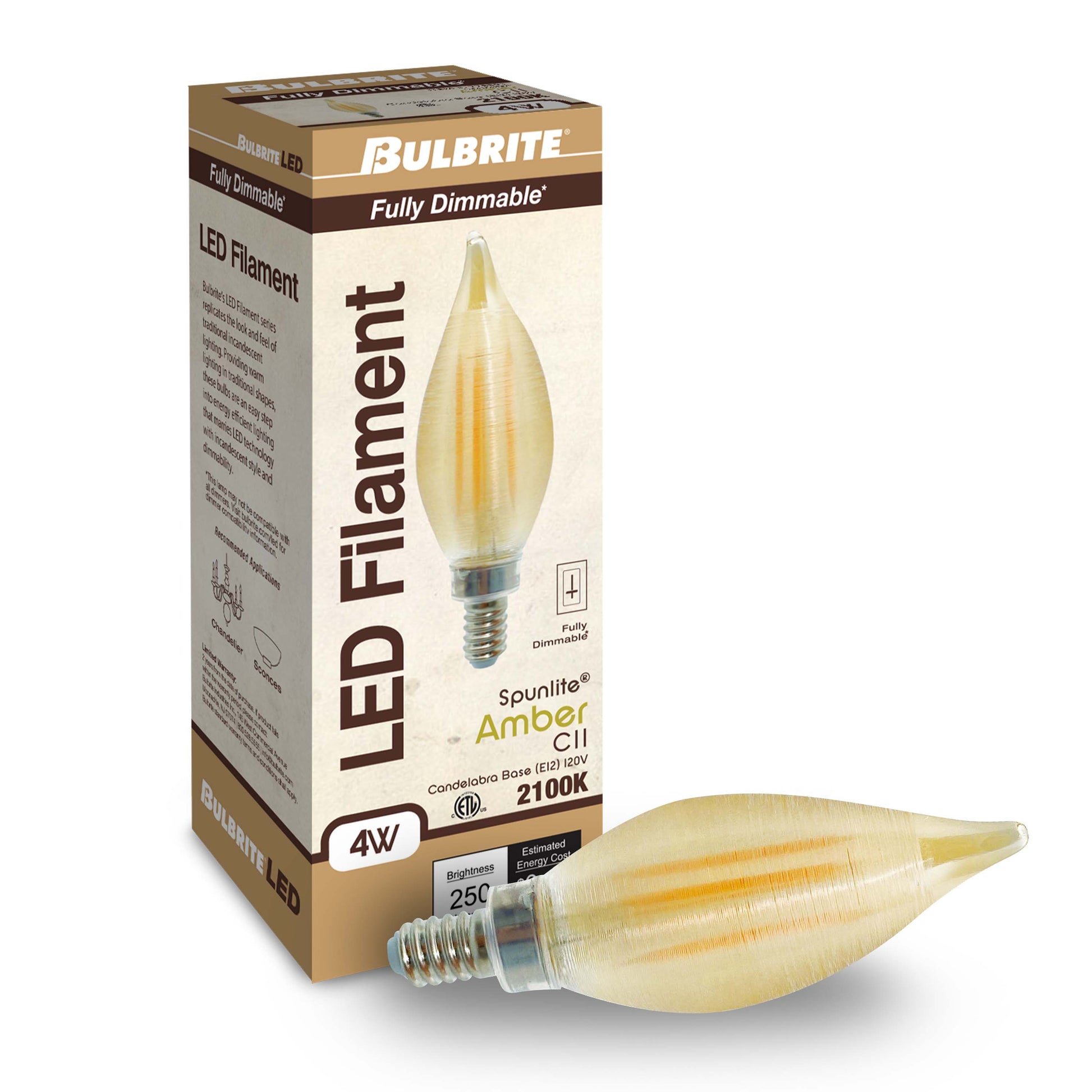 Bulbrite Spunlite Pack of (4) 4 Watt Dimmable C11 LED Filament Light Bulb with Amber Glass Finish and Candelabra (E12) Base - 2100K (Amber Light), 250 Lumens - Cheap-Us