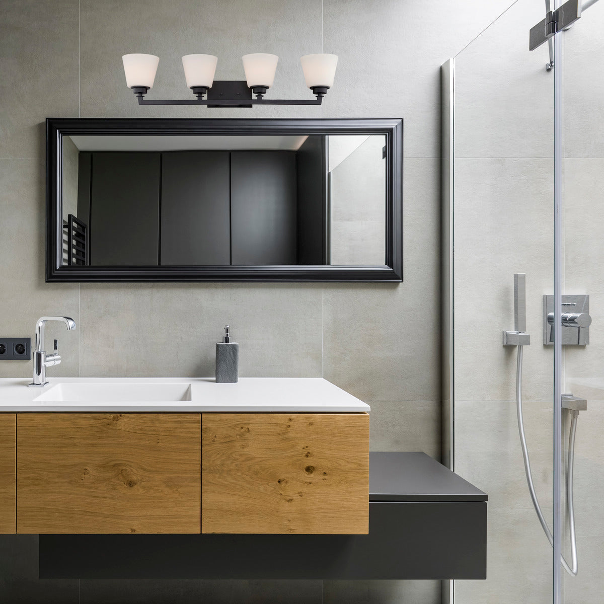 60-5554 MOBILI - 4 LT VANITY FIXTURE Mobili - 4 Light Vanity with Satin White Glass - Aged Bronze Finish - Cheap-Us