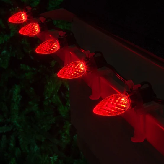 25 Light LED C7 Light Set Red Bulbs on Green Wire, Approx. 16'6