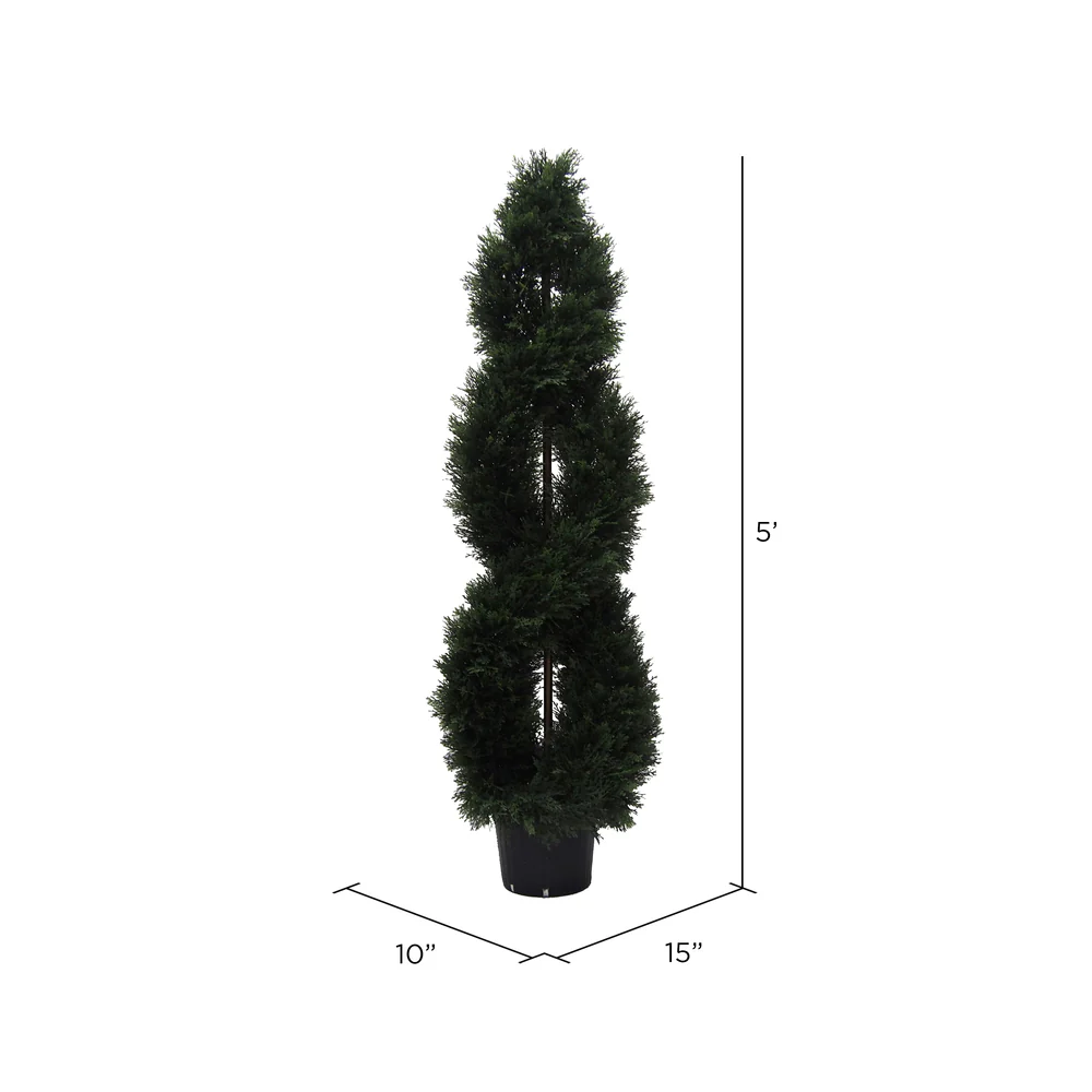 Vickerman 5' Artificial Green Cedar Double Spiral Topiary Black Plastic Pot.Widest part is 16