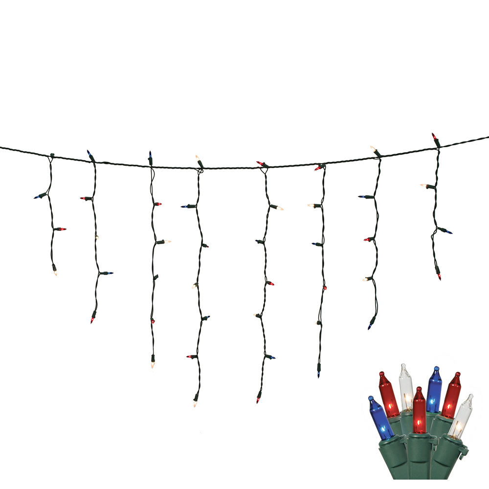 Vickerman 100 Red-White-Blue Mini Light Icicle Light on Green Wire, 9' Christmas Light Strand - Cheap-Us